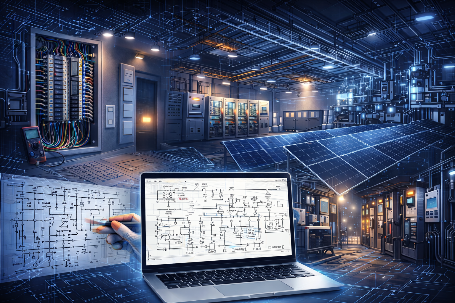 Electrician working on an industrial distribution board